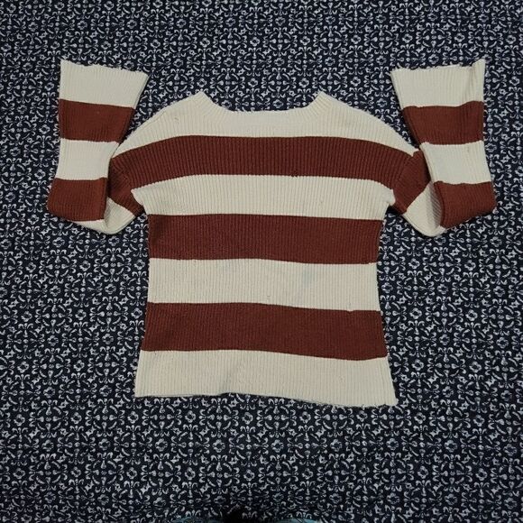 Gilded Intent Orange Brown & Cream Boho Chic Distressed Striped Ribbed Sweater  - Picture 3 of 6